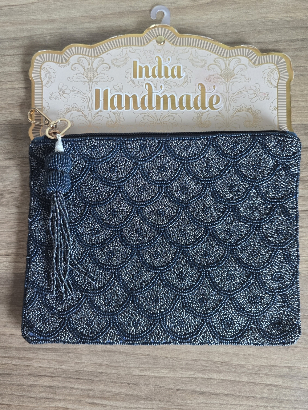 NWT India Handmade Blue Beaded Clutch Scalloped Clutch 7"x11"